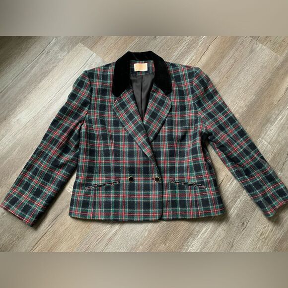 VTG Pendleton Wool Blazer Velvet Jacket Plaid Black Red Blue Green Size M L 16 - Picture 3 of 8